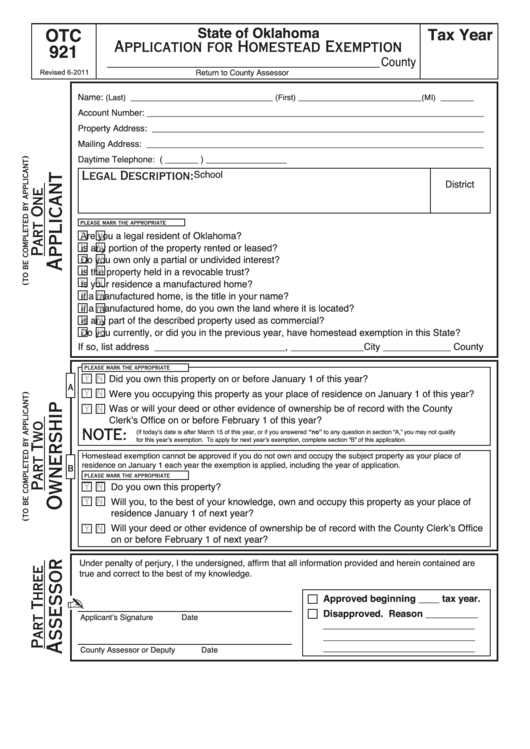 Fillable Form Otc 921 - Application For Homestead Exemption Printable pdf