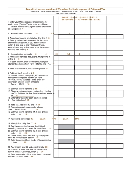Fillable Annualized Income Installment Worksheet For Underpayment Of Estimated Tax Printable pdf