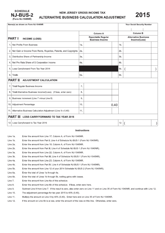 Fillable Schedule Nj-Bus-2 (Form Nj-1040nr) - Alternative Business Calculation Adjustment - 2015 Printable pdf