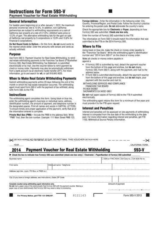 Fillable California Form 593-V - Payment Voucher For Real Estate Withholding - 2014 Printable pdf