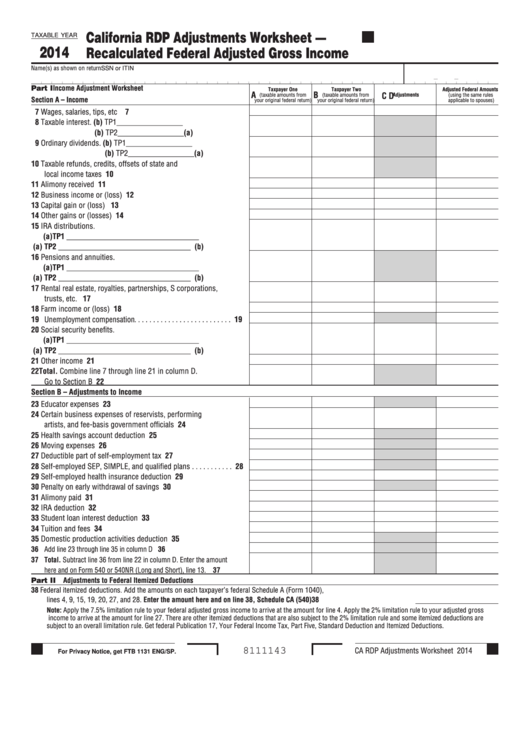 California Rdp Adjustments Worksheet - Recalculated Federal Adjusted Gross Income - 2014 Printable pdf