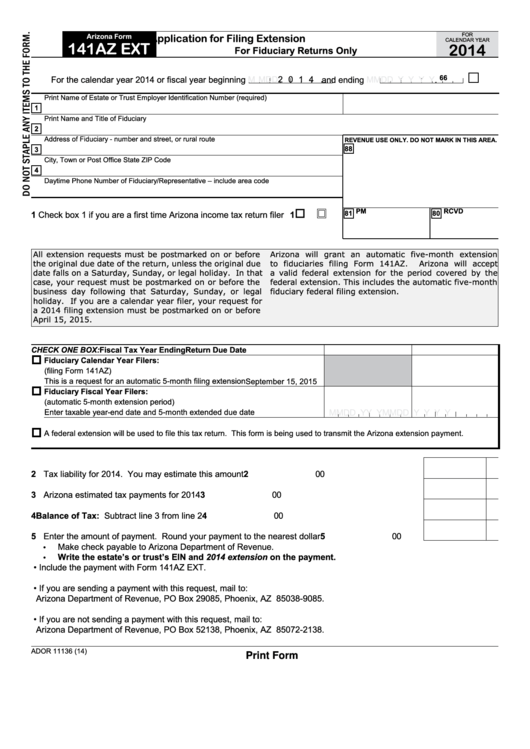 Fillable Arizona Form 141az Ext - Application For Filing Extension For Fiduciary Returns Only - 2014 Printable pdf