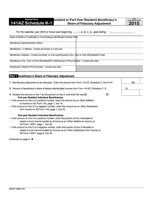 Fillable Arizona Form 141az (Schedule K1) - Resident Or Part-Year Resident Beneficiary