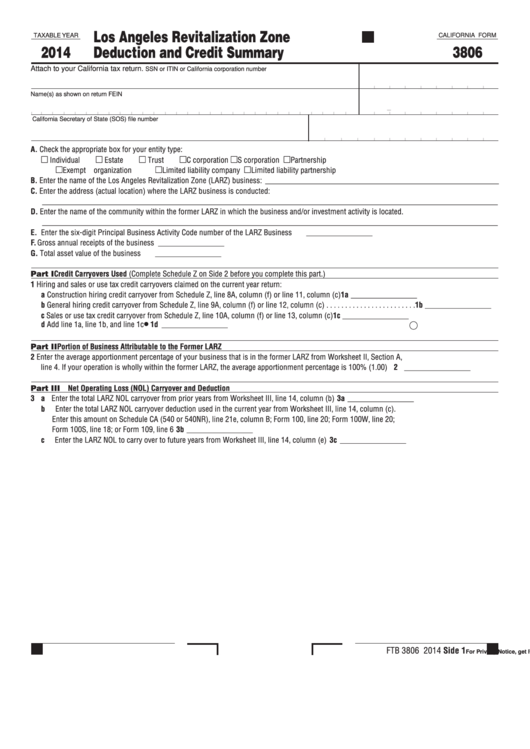 Form 3806 - California Los Angeles Revitalization Zone Deduction And Credit Summary - 2014 Printable pdf
