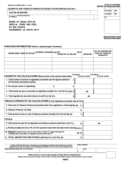 Fillable Form Boe-501-Ci - Cigarette And Tobacco Products Excise Tax Return Printable pdf