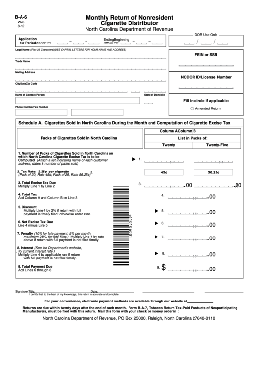 Fillable Form B-A-6 - Monthly Return Of Nonresident Cigarette Distributor Printable pdf