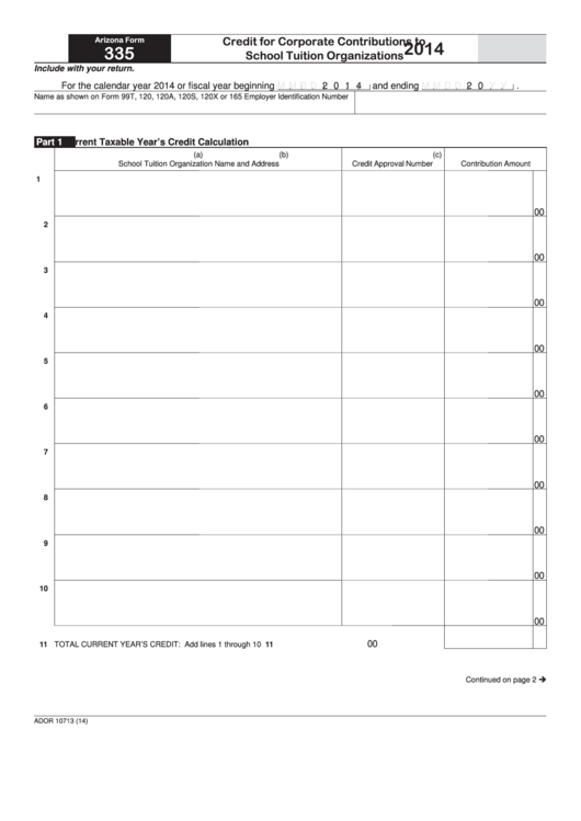 Fillable Form 335 - Credit For Corporate Contributions To School Tuition Organizations - 2014 Printable pdf