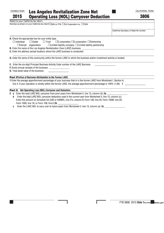 Form 3806 - California Los Angeles Revitalization Zone Net Operating Loss (Nol) Carryover Deduction - 2015 Printable pdf