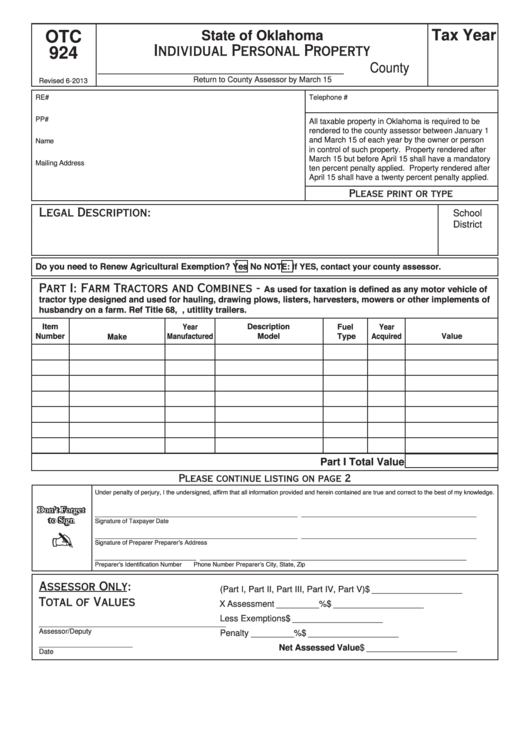 Fillable Form Otc 924 - Individual Personal Property Printable pdf