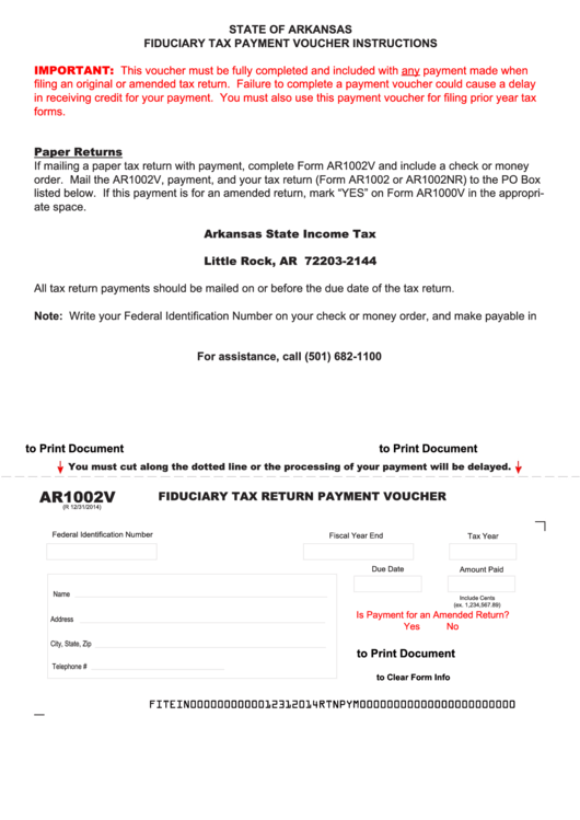 Fillable Form Ar1002v Arkansas Fiduciary Tax Return Payment Voucher