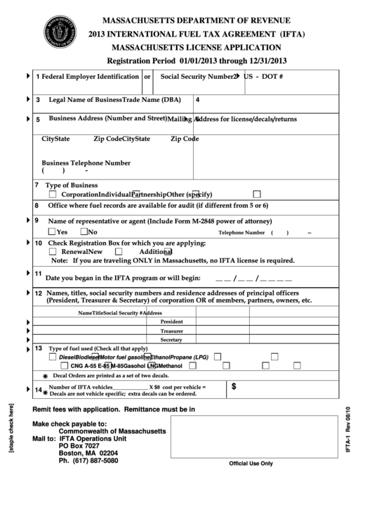 Fillable International Fuel Tax Agreement (Ifta) Massachusetts License Application - 2013 Printable pdf