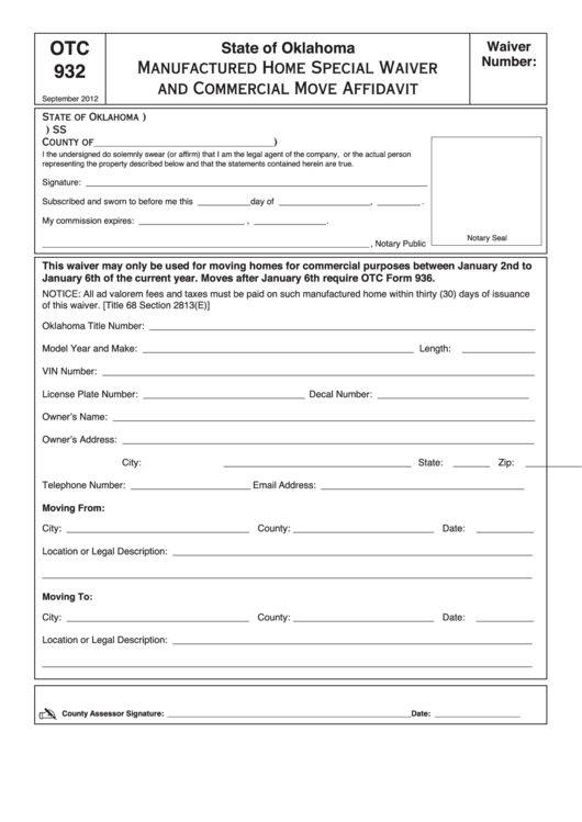 Form Otc 932 - Manufactured Home Special Waiver And Commercial Move Affidavit Printable pdf