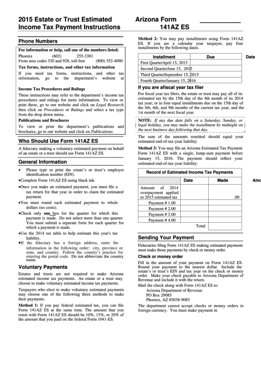 Instructions For Arizona Form 141az Es - Estate Or Trust Estimated Income Tax Payment - 2015 Printable pdf