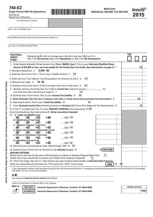 Fillable Form 740-Ez (State Form 42a740-Ez) - Kentucky Individual Income Tax Return - 2015 Printable pdf