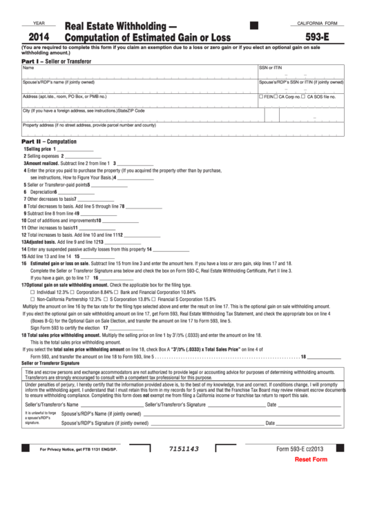 Fillable California Form 593-E - Real Estate Withholding - Computation Of Estimated Gain Or Loss - 2014 Printable pdf