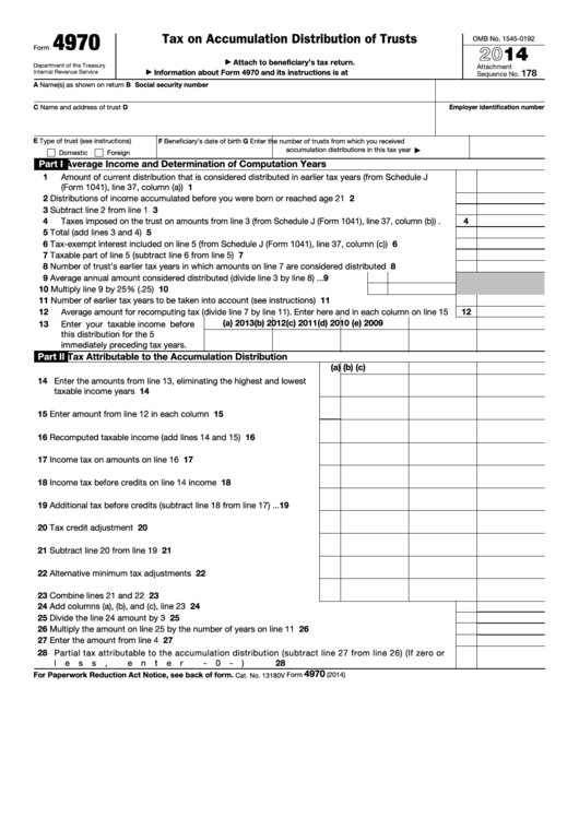 Fillable Form 4970 - Tax On Accumulation Distribution Of Trusts - 2014 Printable pdf
