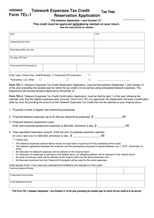 Fillable Form Tel-1 - Virginia Telework Expenses Tax Credit Reservation Application Printable pdf