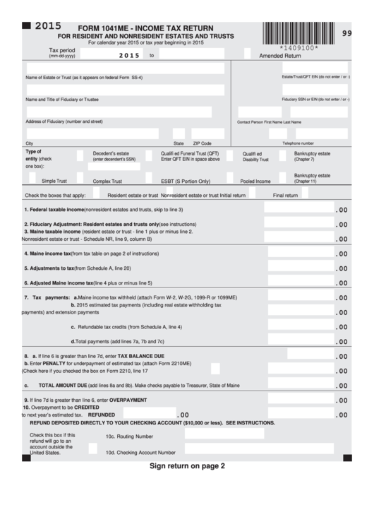 Form 1041me - Maine Income Tax Return For Resident And Nonresident Estates And Trusts - 2015 Printable pdf