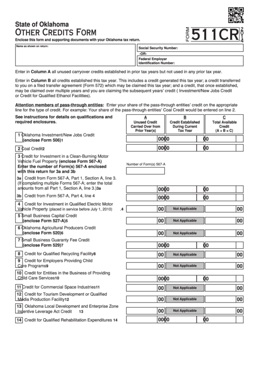 Fillable Form 511cr - Oklahoma Other Credits - 2014 Printable pdf