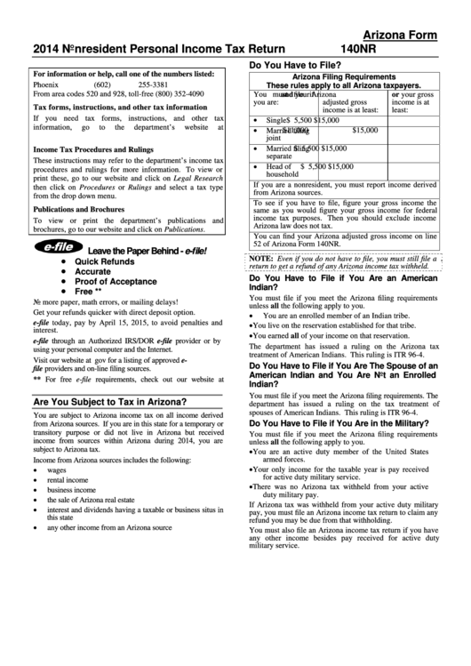Instructions For Arizona Form 140nr - Nonresident Personal Income Tax Return - 2014 Printable pdf