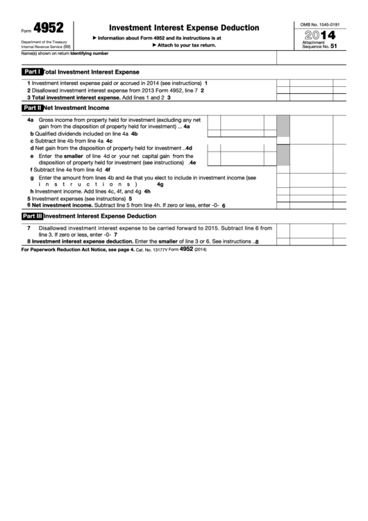 Fillable Form 4952 - Investment Interest Expense Deduction - 2014 Printable pdf