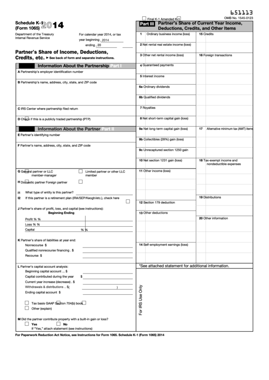 Fillable Schedule K-1 (Form 1065) - Partner'S Share Of Income