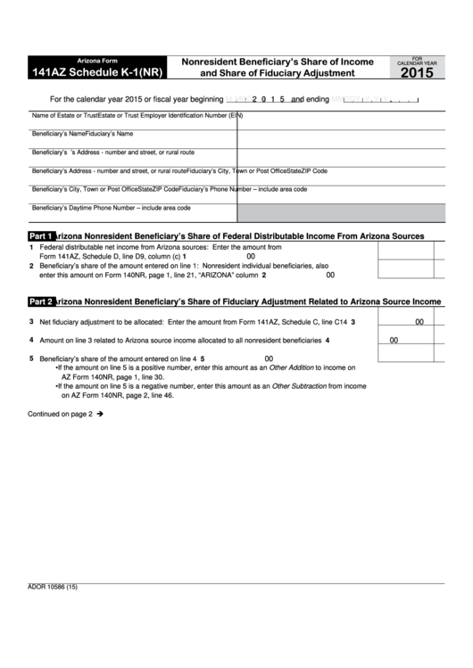 Fillable Arizona Form 141az (Schedule K-1(Nr)) - Nonresident Beneficiary