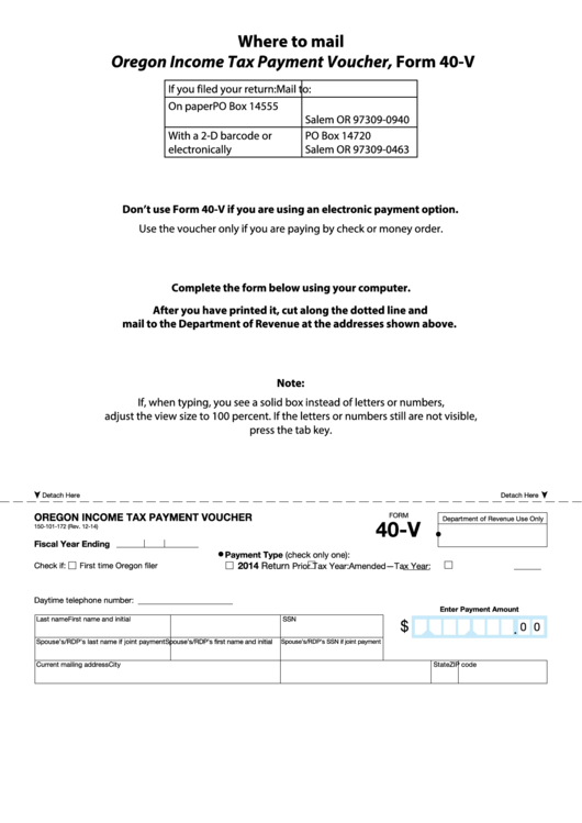 Fillable Form 40V Oregon Tax Payment Voucher printable pdf
