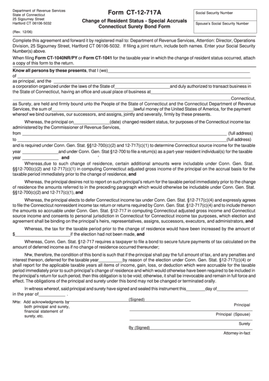 Form Ct-12-717a - Connecticut Change Of Resident Status - Special Accruals Connecticut Surety Bond Form Printable pdf