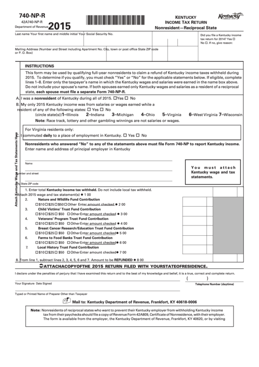 Fillable Form 740-Np-R (State Form 42a740-Np-R) - Kentucky Income Tax Return - Nonresident - Reciprocal State - 2015 Printable pdf