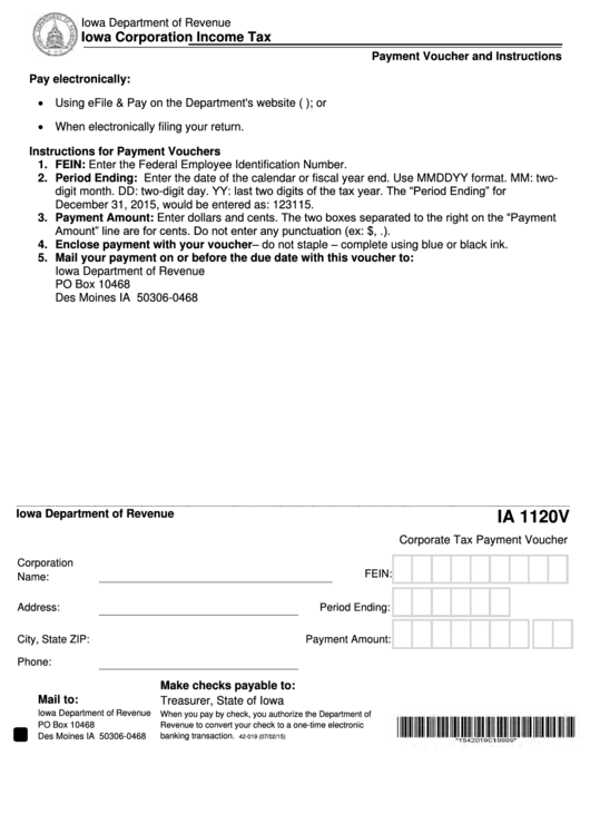 Form Ia 1120v - Corporate Tax Payment Voucher - Iowa Corporation Income Tax Printable pdf