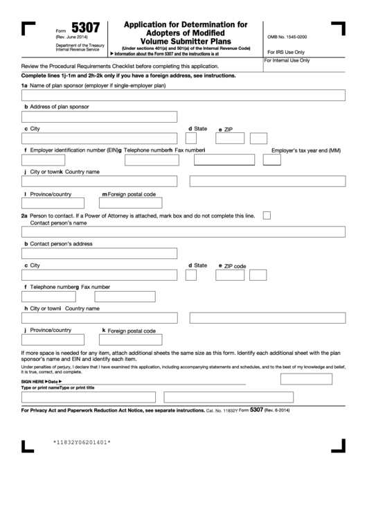 Fillable Form 5307 - Application For Determination For Adopters Of Modified Volume Submitter Plans Printable pdf