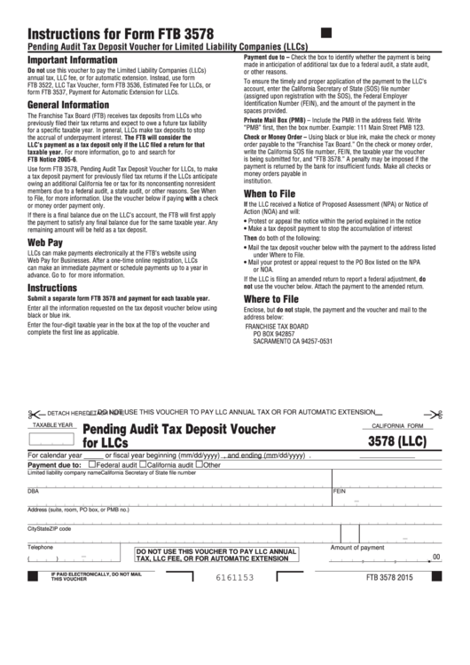 Form 3578 - California Pending Audit Tax Deposit Voucher For Llcs Printable pdf