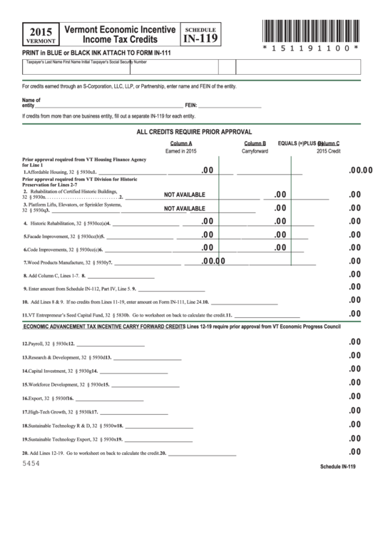 Fillable Schedule In-119 - Vermont Economic Incentive Income Tax Credits - 2015 Printable pdf