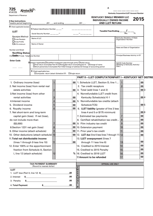 Fillable Form 725 - Kentucky Single Member Llc Individually Owned Income And Llet Return - 2015 Printable pdf