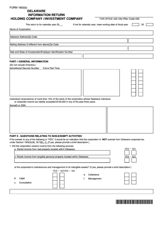 Fillable Form 1902(B) - Delaware Information Return Holding Company I Investment Company Printable pdf