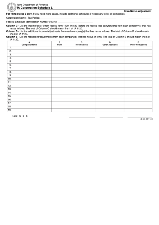 Fillable Ia Corporation Schedule L - Iowa Nexus Adjustment Printable pdf