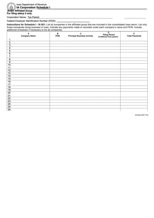 Fillable Ia Corporation Schedule I - Ia 851 Affiliated Group/ia Corporation Schedule J1 And J2 - Consolidated Business Activity Ratio Printable pdf