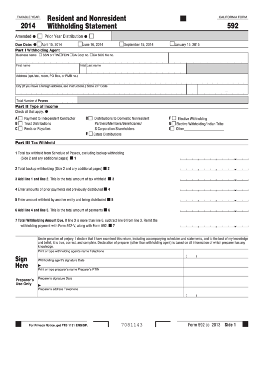 Fillable California Form 592 - Resident And Nonresident Withholding Statement - 2014 Printable pdf