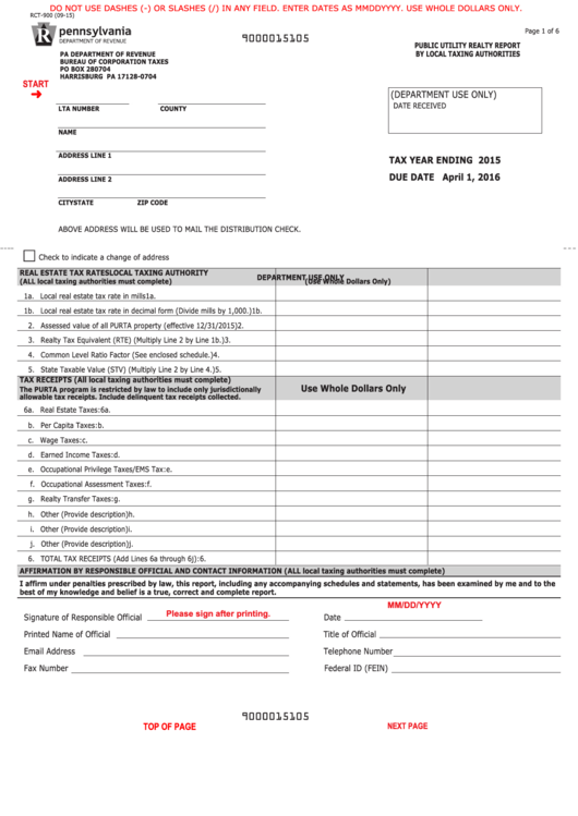 Fillable Form Rct-900 - Public Utility Realty Report By Local Taxing Authorities Printable pdf