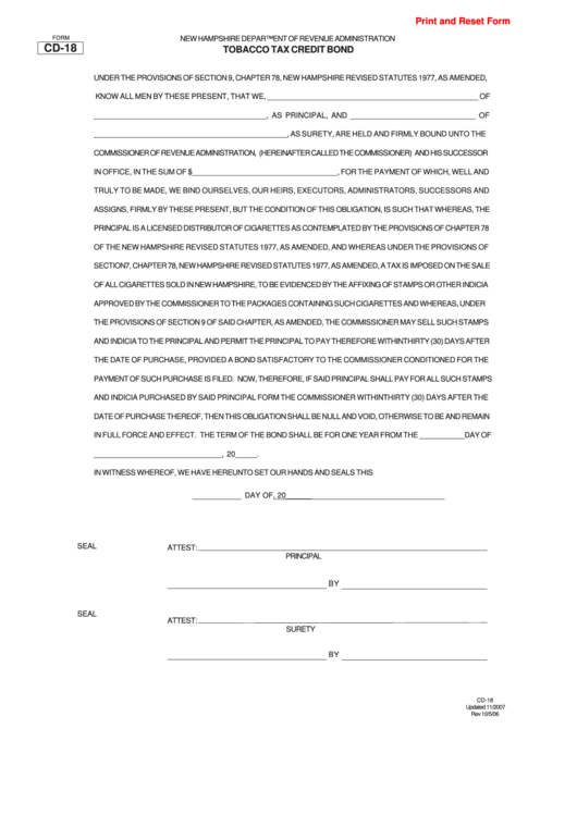 Fillable Form Cd-18 - Tobacco Tax Credit Bond Printable pdf