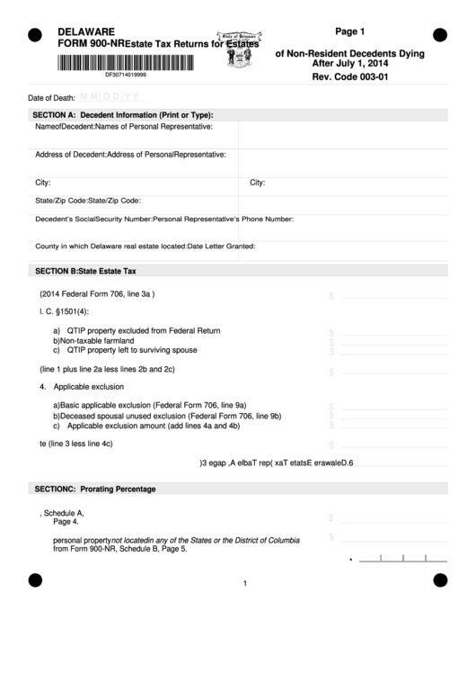 Fillable Form 900-Nr - Estate Tax Returns For Estates Of Non-Resident Decedents Dying After July 1, 2014 Printable pdf