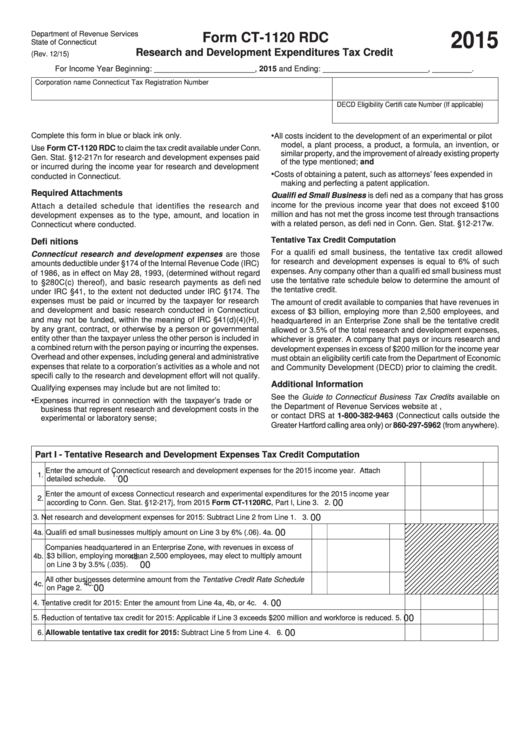 Fillable Form Ct-1120 Rdc - Connecticut Research And Development Expenditures Tax Credit - 2015 Printable pdf