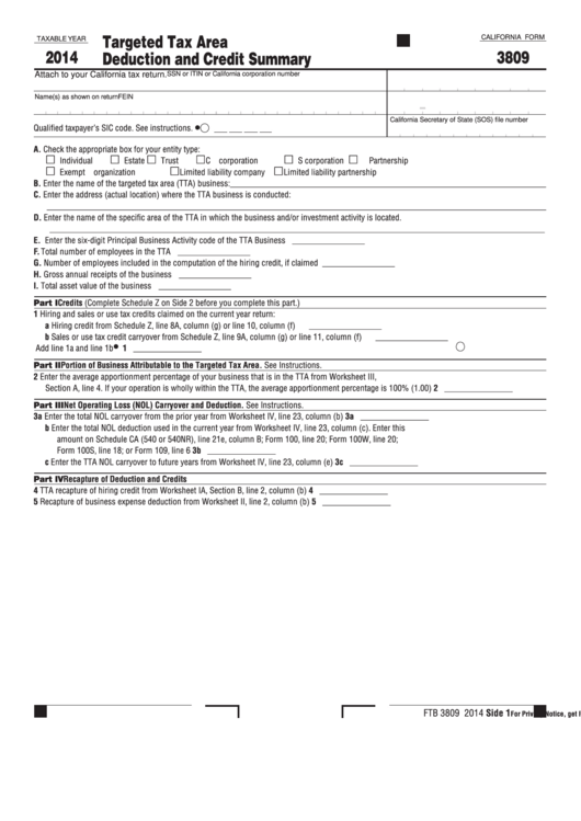 Form 3809 - California Targeted Tax Area Deduction And Credit Summary - 2014 Printable pdf