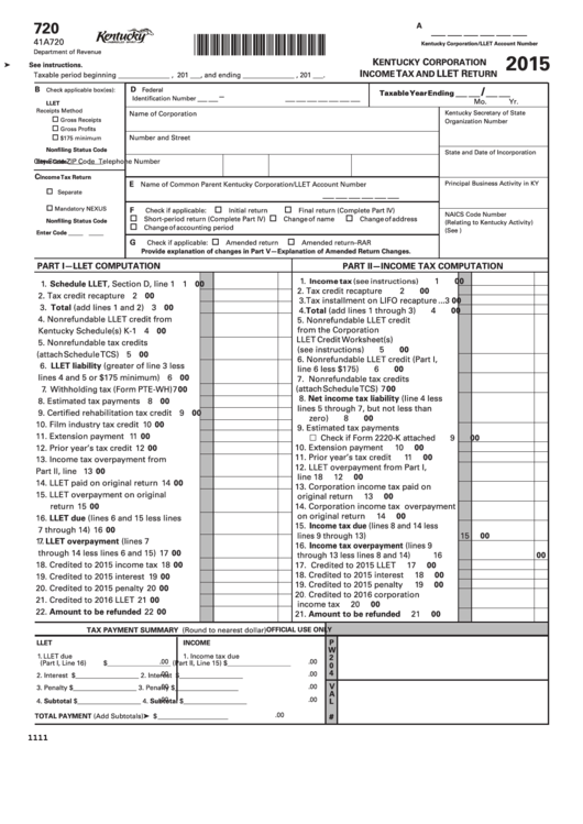 Fillable Form 720 State Form 41a720 Kentucky Corporation Income Tax