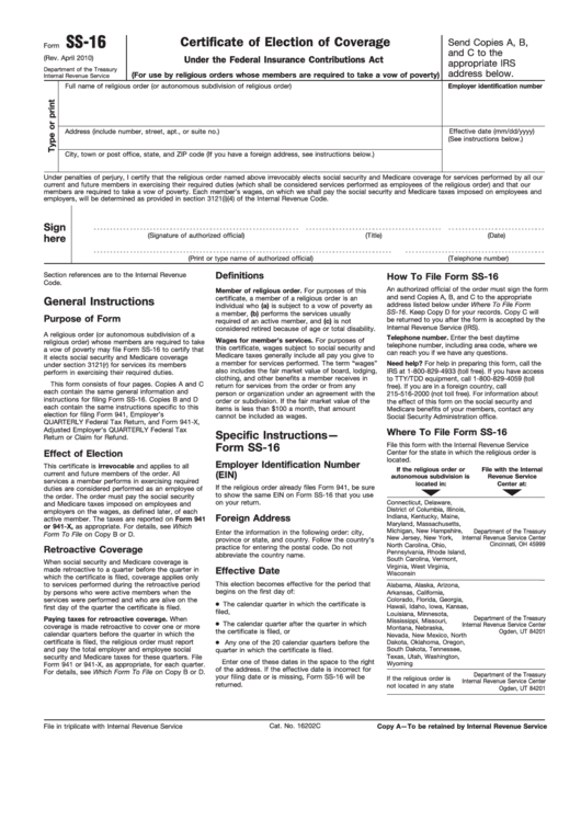 Fillable Form Ss-16 - Certificate Of Election Of Coverage Printable pdf