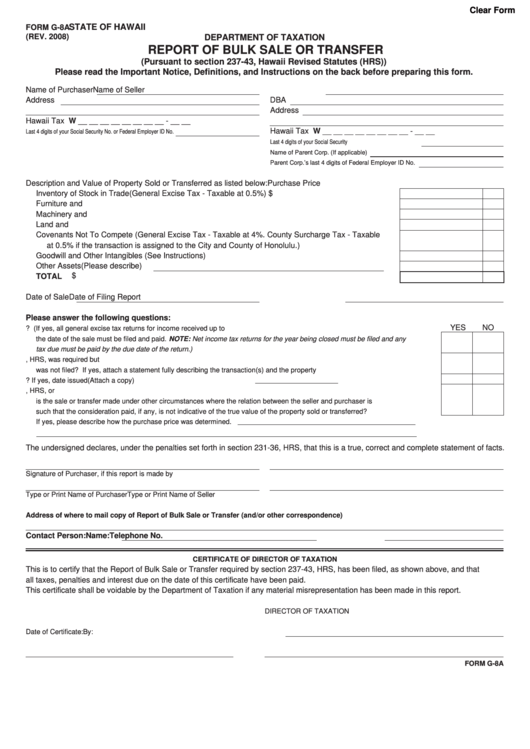 Fillable Form G8a Report Of Bulk Sale Or Transfer printable pdf download