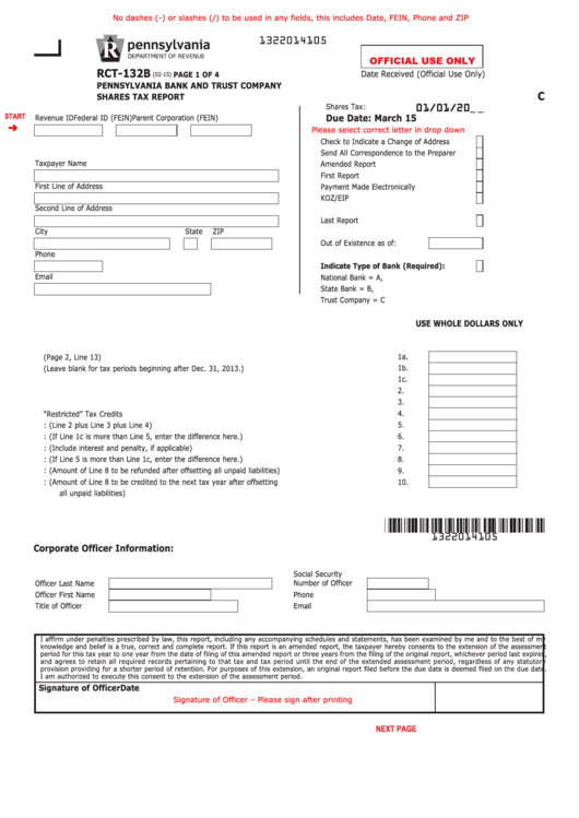 Fillable Form Rct-132b - Pennsylvania Bank And Trust Company Shares Tax Report Printable pdf