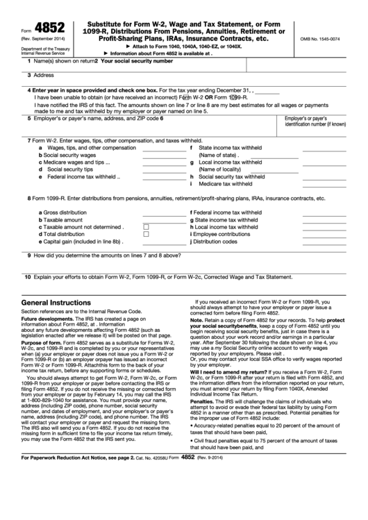 Fillable Form 4852 - Substitute For Form W-2, Wage And Tax Statement, Or Form 1099-R - Distributions From Pensions, Annuities, Retirement Or Profit-Sharing Plans, Iras, Insurance Contracts, Etc. Printable pdf