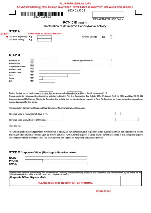 Fillable Form Rct-101d - Declaration Of De Minimis Pennsylvania Activity Printable pdf